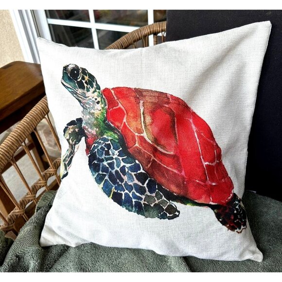 Sea Turtle Crab Throw Pillow Cover Hand Painted Art Deco Chair Beach House READ - Picture 2 of 12
